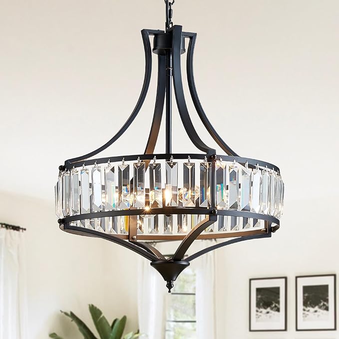 Crystal Chandeliers for Dining Room, Modern Black Crystal Chandelier Light Fixture, Round Rustic Farmhouse Hanging Light for Living Room Kitchen Hallway Bedroom Foyer, 15.7 Inch, 4-Light