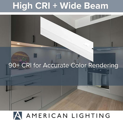 American Lighting LED Courant Plus Undercabinet Light 24 Inch 5CCT 90+ CRI 1200 Lumens with USB-A USB-C and 20A Receptacles White Finish Title 24 Compliant