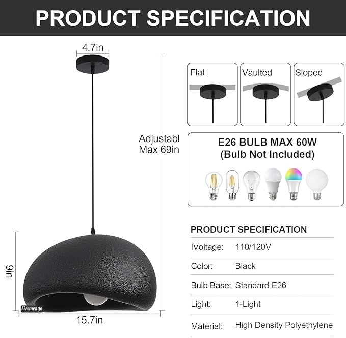15.7in Wabi Sabi Pendant Light, Kitchen Island Lighting Fixture Ceiling Mount Japanese Lamp Japandi Chandelier for Dining Living Room Hallway Bedroom Restaurant Hanging Lamp, Black 1 Pack
