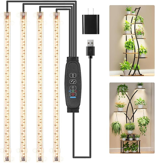 RWNTAO LED Plant Growing Lamp Strips, Full Spectrum 3500K Grow Light for Indoor Plants with 3/9/12H Timer and 10 Dimmable Levels for Green House Hydroponics Succulent, 4 Head 13 Inches