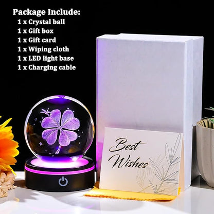 YWHL 3D Crystal Four-Leaf Clover Ball Figurine with Colorful LED Base, Four-Leaf Clover Good Luck Gifts for Women Men on Birthday, Glass Plants Art Statue Decorative Ball for Home Decor (80mm)