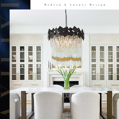 A AXILIXI Modern Crystal Drum Chandeliers 24" Black Round Chandelier Luxury K9 Crystal Chandeliers Light Fixture Flush Mount Chandelier Contemporary for Living Room Dining Room Foyer Staircase