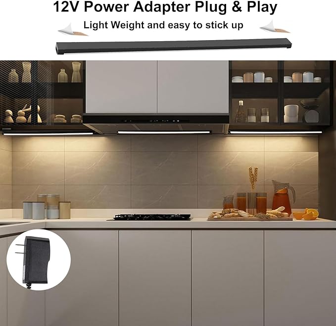 Martronic Black Under Cabinet Lighting Kits, 3-Pack 12In Dimmable LED Under Cabinet Lights Bars with 12V Power Adapter, 6000K Cool White Kitchen Under Counter Lights for Kitchen Cabinets, Book Shelves