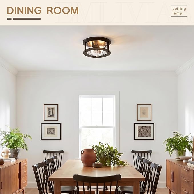 Emliviar Vintage Flush Mount Ceiling Light Fixture, 2-Light Farmhouse Close to Ceiling Mounted Lamp with Water Grain Glass for Kitchen, Oil Rubbed Bronze Finish, YE19108-F1 ORB-WG