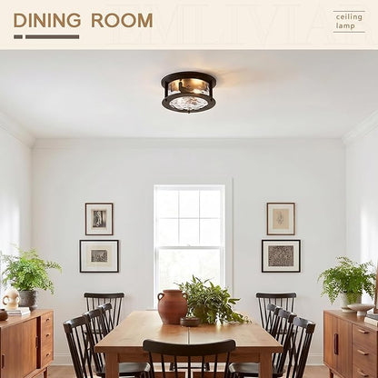 Emliviar Vintage Flush Mount Ceiling Light Fixture, 2-Light Farmhouse Close to Ceiling Mounted Lamp with Water Grain Glass for Kitchen, Oil Rubbed Bronze Finish, YE19108-F1 ORB-WG