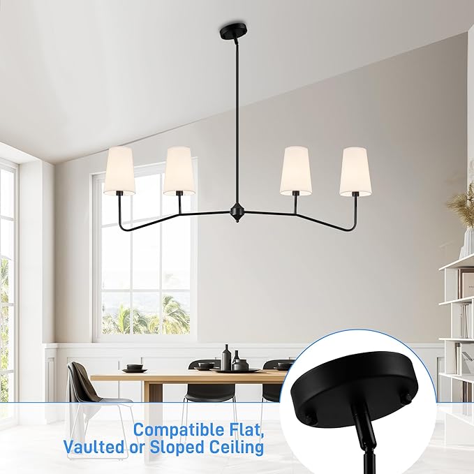 47" Modern Linear Chandelier, 4-Light Black Pendant Light with Fabric Shades, Adjustable Height Ceiling Light Fixture for Kitchen Island, Dining Room, Living Room, Bedroom, ETL Listed