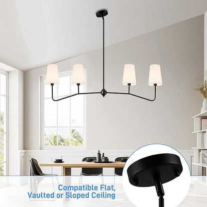 47" Modern Linear Chandelier, 4-Light Black Pendant Light with Fabric Shades, Adjustable Height Ceiling Light Fixture for Kitchen Island, Dining Room, Living Room, Bedroom, ETL Listed