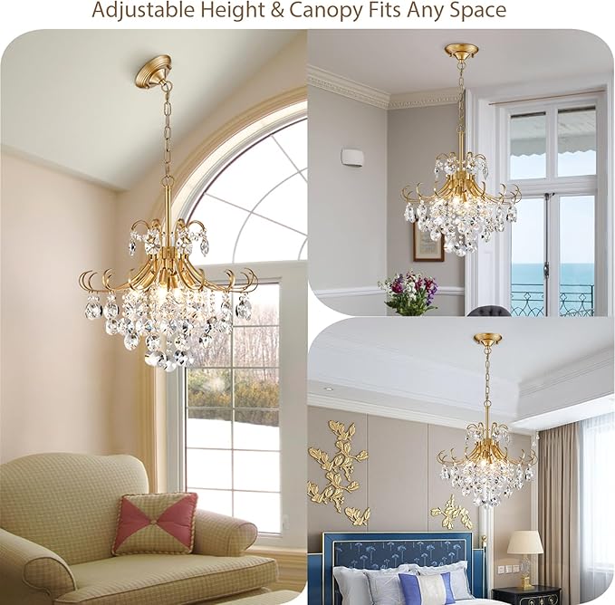 Gold Crystal Chandeliers for Dining Room, 4-Light Modern Crystal Light Fixture, Living Room Bedroom Pendant Ceiling Lamp, Luxury Hanging Light, H 17.7'' x W 18.1''