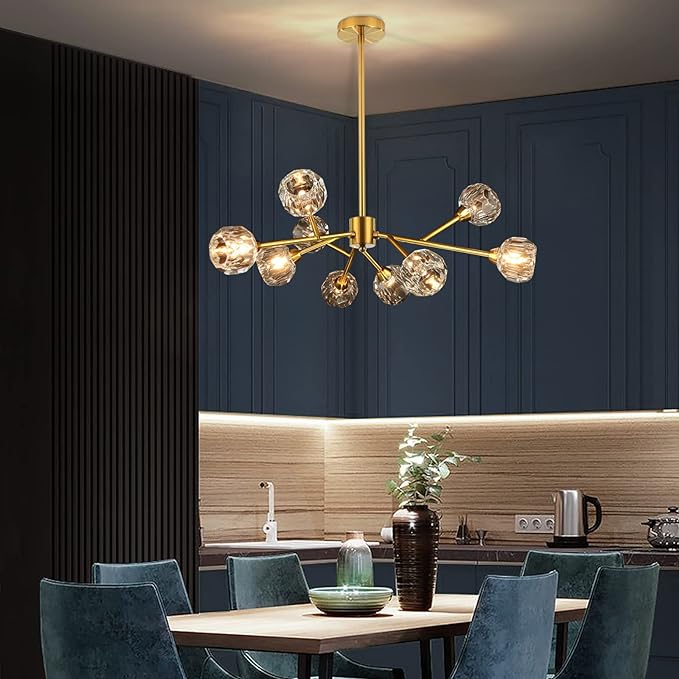 Weesalife Sputnik Chandeliers for Dining Room Light Fixture Over Table, Modern Crystal Chandeliers, 9 Lights Gold Lighting Fixtures for Living Room Bedroom Kitchen Island
