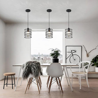 Black Mini Pendant Light Fixture 1-Pack Modern Kitchen Island Pendant Lighting 6.3 Inch Spiral Cage Handblown Hammered Seeded Glass Shade for Dining Room Bedroom Foyer Hallway Bar, E26