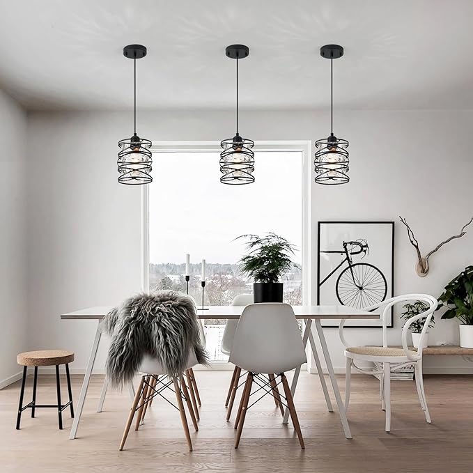 Hammered Glass Pendant Light, Black Metal Spiral Cage Hanging Lamp, Adjustable Height Modern Hanging Light Fixture for Kitchen Island, Dining Room, Living Room, Hallway, Entryway