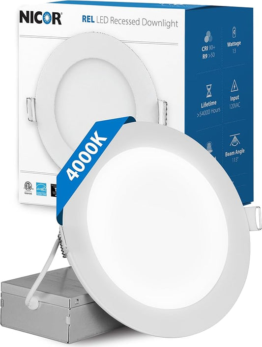 LED Downlight - Ultra-Thin 6 inch LED Recessed Light with Junction Box - 4000K, 902 Lumens, 11.8W, 120V, Dimmable LED Lights - REL6 Edge-Lit LED Ceiling Light, White by NICOR Lighting