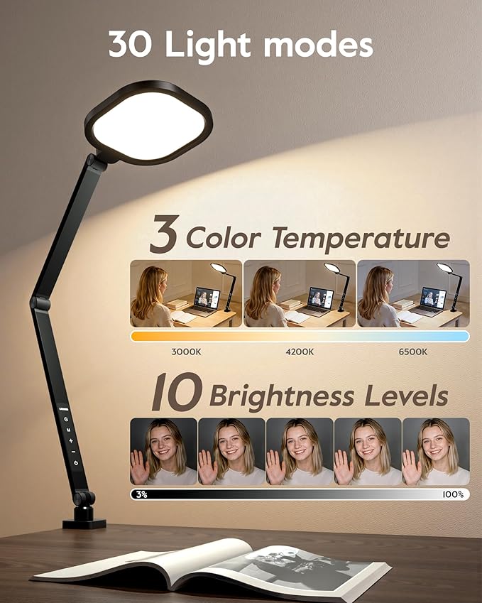 LitONES Desk Lamp with Clamp for Home Office, Advanced Eye-Caring Zoom Lighting for Video Calls with 2000LM, 15W, CRI >97.8, 3 Colors & 10 Brightness, Remoted Desk Light with Memory & Timer