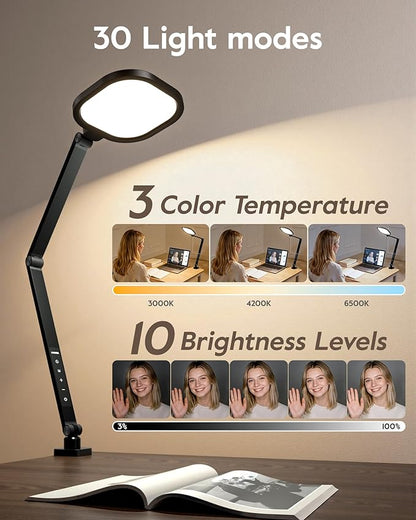 LitONES Desk Lamp with Clamp for Home Office, Advanced Eye-Caring Zoom Lighting for Video Calls with 2000LM, 15W, CRI >97.8, 3 Colors & 10 Brightness, Remoted Desk Light with Memory & Timer