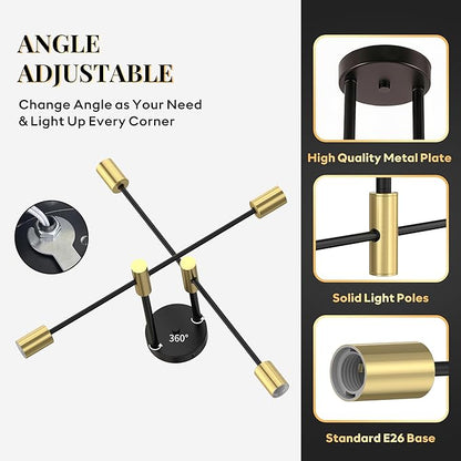 Modern Sputnik Chandelier Ceiling Light Fixtures, 4-Lights Mid Century Industrial Metal Semi Flush Mount for Dining Room, Bedroom, Living Room-Black and Gold
