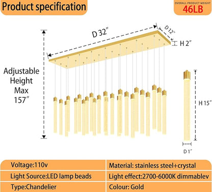 Modern Rectangular Crystal Chandeliers LED Dimmable Crystal Column Chandelier Living Room Foyer Crystals Pendant Light for Dining Room Adjustable Height 24-Light Gold