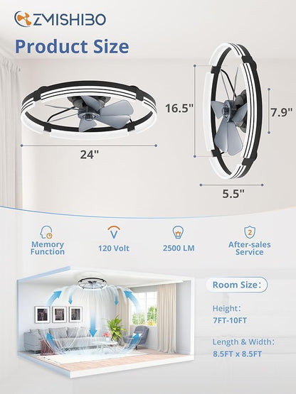 ZMISHIBO 24 Inch Low Profile Ceiling Fans with Lights and Remote, 3000K-6000K Dimmable Fandelier LED Fan Light, Flush Mount Ceiling Fan with Light, 6 Wind Speeds Ceiling Fans for Bedroom- Black