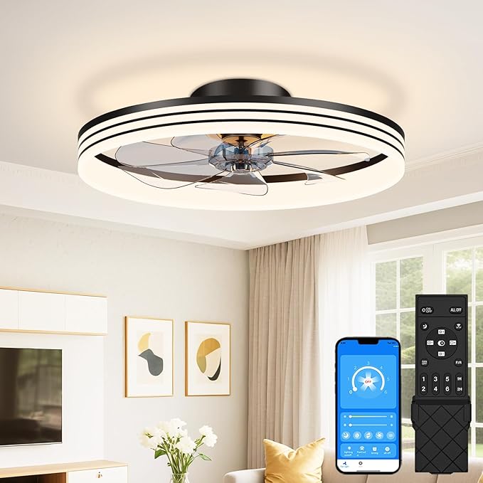VOLISUN Low Profile Ceiling Fans with Lights and Remote, 20in Flush Mount Ceiling Fan with Light, 3000K-6500K Dimmable Fandelier LED Fan Light, Black Bladeless Ceiling Fans with Lights for Bedroom