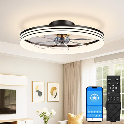 VOLISUN Low Profile Ceiling Fans with Lights and Remote, 20in Flush Mount Ceiling Fan with Light, 3000K-6500K Dimmable Fandelier LED Fan Light, Black Bladeless Ceiling Fans with Lights for Bedroom