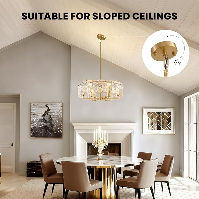 23.62" Gold Water Ripple Glass Chandeliers, 6-Light Modern Round Chandelier, Luxury Drum Chandelier Lighting Fixtures for Living Room Dining Room Kitchen Bedroom Foyer Hotel