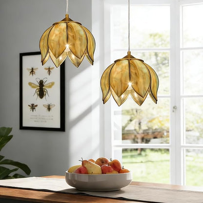 Brass Glass Ceiling Pendant Light, Hanging Chain lamp, with Vintage Lotus Flower Glass Shade for Kitchen Island Dining Room Bedroom Living Room-9.25" Stained Glass Shade