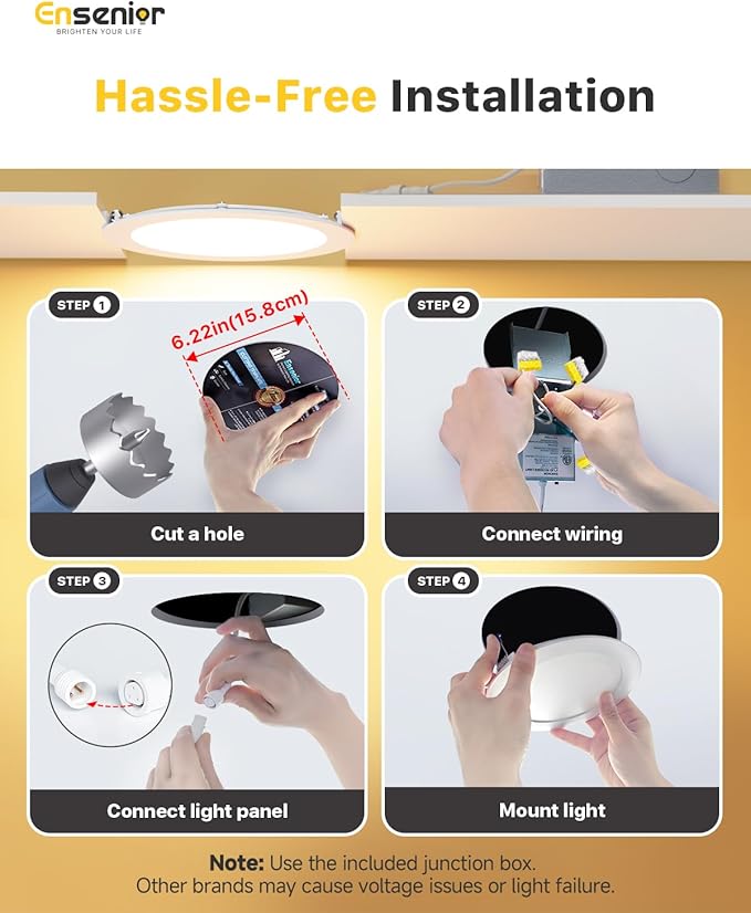 Ensenior 12 Pack 6 Inch LED Recessed Ceiling Light, Dimmable, 2700K-5000K 6CCT, 1050LM 12W 120V, High Brightness Canless Wafer Downlight - ETL&FCC&IC