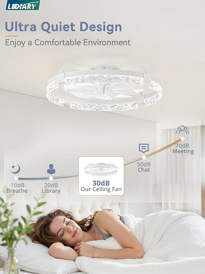 LEDIARY 24 Inch Low Profile Ceiling Fans with Lights and Remote, Flush Mount Fandelier Ceiling Fan, 3000K-6000K Dimmable LED Fan Light, White Modern Ceiling Fans with Lights for Bedroom