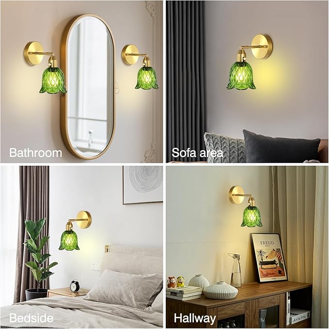 Vintage Wall Sconces - Hardwired Wall Lights with Green Tulip Glass Shade,Brass Wall Lamps for Bathroom Bedroom Stairway Bathroom Living Room Corridor(Bulbs Not Included,E26 Socket)