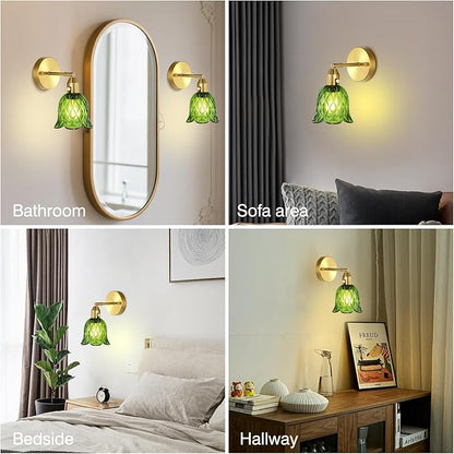 Vintage Wall Sconces - Hardwired Wall Lights with Green Tulip Glass Shade,Brass Wall Lamps for Bathroom Bedroom Stairway Bathroom Living Room Corridor(Bulbs Not Included,E26 Socket)