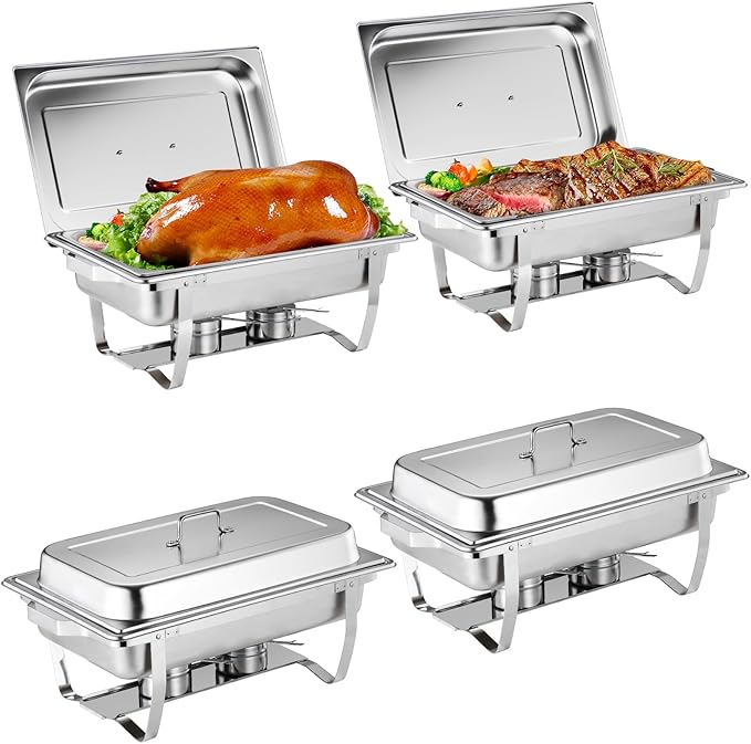 4 Pack Chafing Dishes for Buffet, Stainless Steel Catering Chafer with Lids, Pans & Fuel Holder, 8QT Food Warmers for Parties Buffet, Buffet Servers and Warmers for Parties, Events, Weddings,Silver