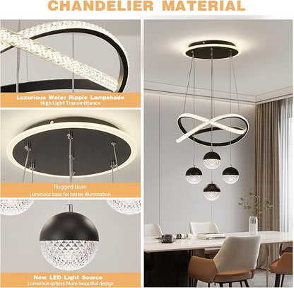 Modern Black LED Chandeliers, LED Pendant Light Dining Room Light Fixtures Over Table Dimmable with Remote Control Adjustable Modern Chandeliers for Dining Room Kitchen Island Living Room Bedroom