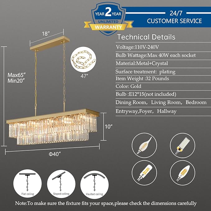 Weesalife Crystal Chandeliers for Dining Room Light Fixtures Over Table，15-Lights Gold Modern Rectangle Chandeliers for Kitchen Island Bar