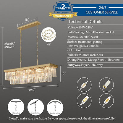 Weesalife Crystal Chandeliers for Dining Room Light Fixtures Over Table，15-Lights Gold Modern Rectangle Chandeliers for Kitchen Island Bar