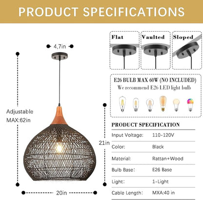 Large Black Rattan Pendant Light, 20" Rattan Chandelier Hand-Woven Wicker Pendant Light Fixtures with Solid Wood, Basket Hanging Lighting for Dining Room Kitchen Island Living Room