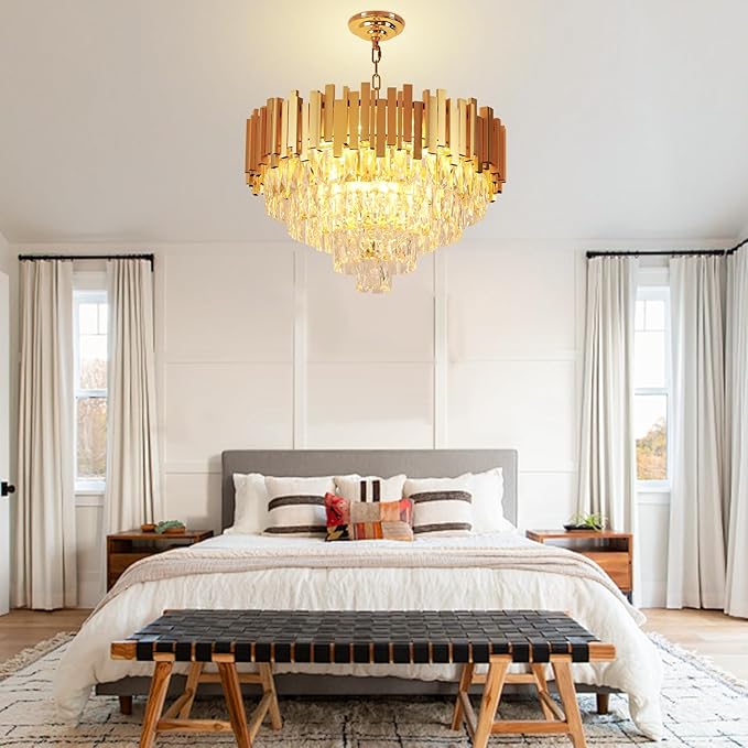 Depuley Modern Gold Crystal Chandelier: 9-Light 4-Tier Flush Mount Chandelier 12 Inch Luxury Round Hanging Pendant Light Fixture for Bedroom Dining Room Living Room Included Bulbs