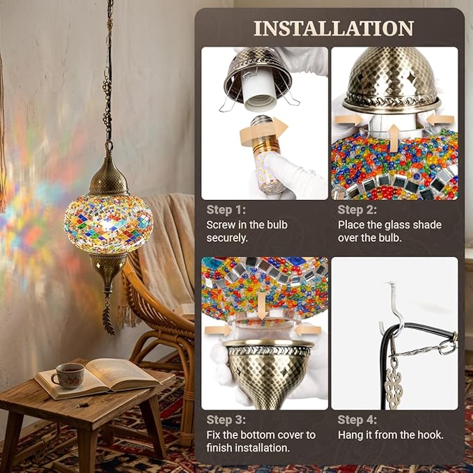 Turkish Moroccan Mosaic Pendant Light - Handcrafted Tiffany Style Swag Lamp with 15ft Cord, Vintage Glass Ceiling Fixture for Mediterranean Decor (Multicolor1)