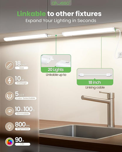 ALUSSO 18 Inch LED Under Cabinet Lighting Plug in 120V, 5CCT Color Selectable 2700K-5000K Dimmable 10W 800LM High Brightness, CRI 90+ Strip Linkable Under Counter Lights for Kitchen Sink, 1 Pack