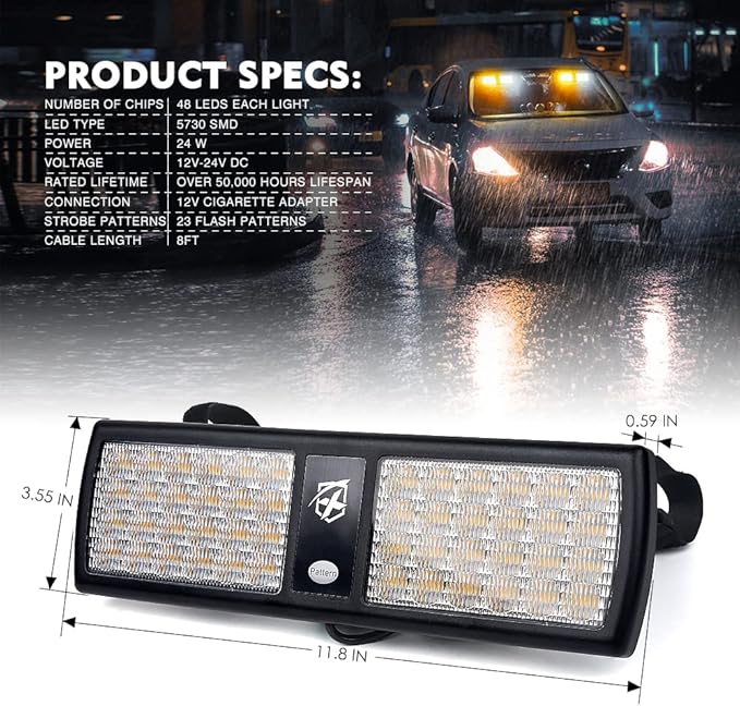 Xprite White/Amber 2-in-1 Visor Strobe Lights Interior Windshield Emergency Warning Lights for Police Firefighter Construction Vehicles Trucks