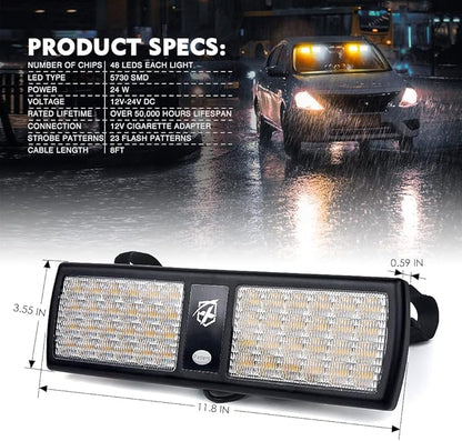 Xprite White/Amber 2-in-1 Visor Strobe Lights Interior Windshield Emergency Warning Lights for Police Firefighter Construction Vehicles Trucks