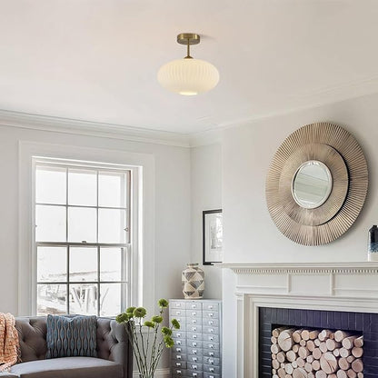 Mid Century Modern Brass Semi Flush Mount Ceiling Light Small Ribbed Milk Glass Flush Mount Ceiling Light Gold and White Flush Mount Light Vintage Hallway Lighting Fixtures