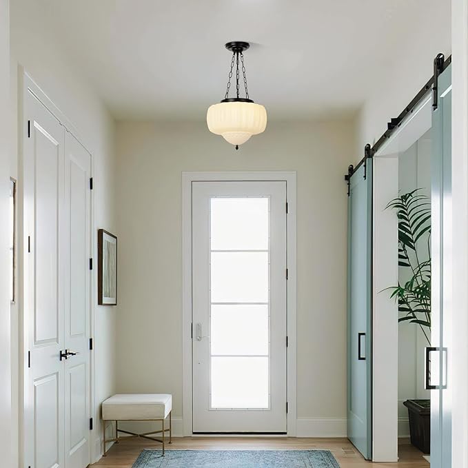 14" Vintage Milk Glass Pendant Light, Mid-Century Modern Schoolhouse Ceiling Chandelier, Vintage White Opal Flush Hanging Fixture for Kitchen Island, Dining Room, Bedroom, Living Room