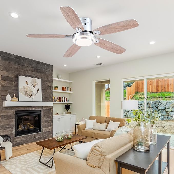Hounberi 50 Inch Low Profile Ceiling Fans with Lights and Remote, Modern Flush Mount Brushed Nickel Ceiling Fan, 3CCT, Dimmable, Quiet DC Reversible Motor, for Bedroom Living Room Indoor/Outdoor Use