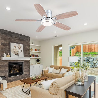 Hounberi 50 Inch Low Profile Ceiling Fans with Lights and Remote, Modern Flush Mount Brushed Nickel Ceiling Fan, 3CCT, Dimmable, Quiet DC Reversible Motor, for Bedroom Living Room Indoor/Outdoor Use