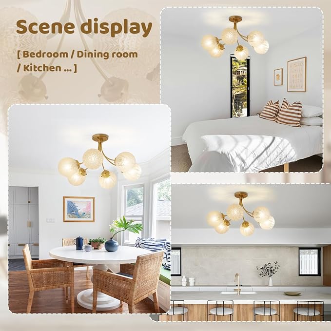 Glass Chandelier 6-Light Vintage Flush Mount Ceiling Light Gold Chandelier, Snowflake Globe Shade, Sputnik Brass Ceiling Light, Dining Room Chandelier for Kitchen Bedroom Living Room