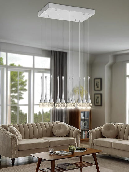 ykolupty Rectangular Chandeliers for Living Room Silver Dining Room Lights Fixture Raindrop Pendant Lights Kitchen Island Crystal Chandelier for Staircase Hallway Foyer Entryway
