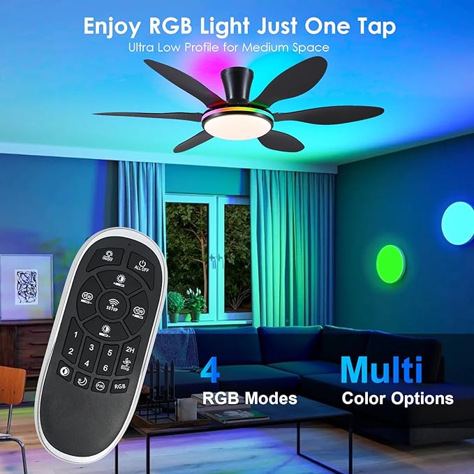 BayDay Ceiling Fans with Lights, Flush Mount Ceiling Fan Led Lights Quiet DC Dimmable 6 Blades (Black Fan, Led Light + Side RGB Light, 51 inch)