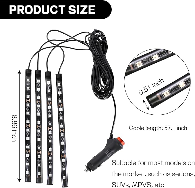 Car LED Strip Light, 12V 48 LED Interior Atmosphere Lights Under Dash Ambient Night Light, Auto Interior Decorative Lamp with Cigarette Adapter Plug, Car Accessories (Blue, Cigarette Lighter)
