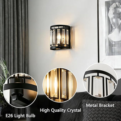 Modern Wall Sconce Set of 2, Crystal Wall Sconces Lighting, Black Wall Light for Bedroom Hallway Living Room