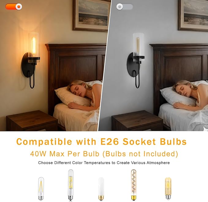 Bathroom Sconces Set of 2, Black Farmhouse Wall Sconce with Clear Glass Shade, Vanity Lights for Bathroom, Living Room, Bedroom, Hallway, Stairwell and Kitchen