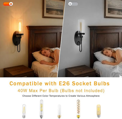 Bathroom Sconces Set of 2, Black Farmhouse Wall Sconce with Clear Glass Shade, Vanity Lights for Bathroom, Living Room, Bedroom, Hallway, Stairwell and Kitchen